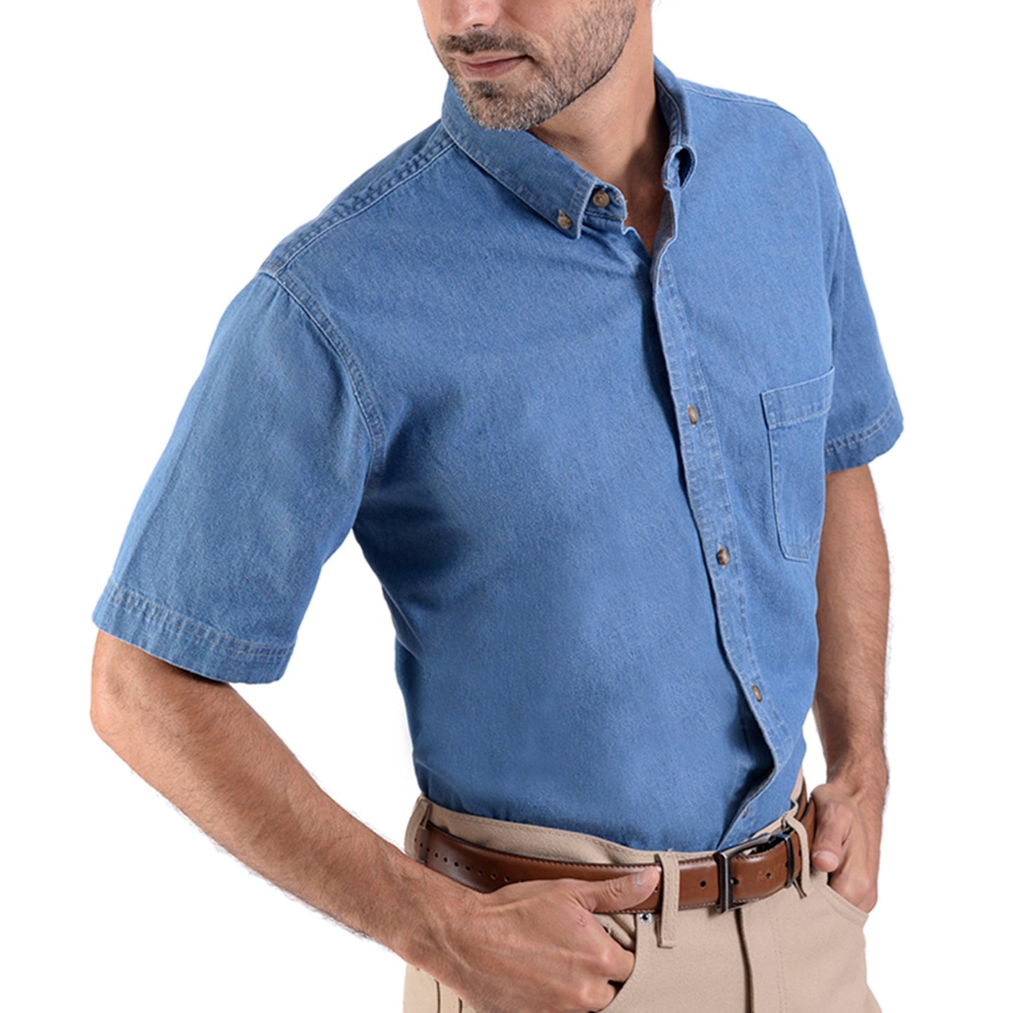 Camisa Mezclilla Yale Manga Corta con Botton Down Regular Fit Stone bleach 3516