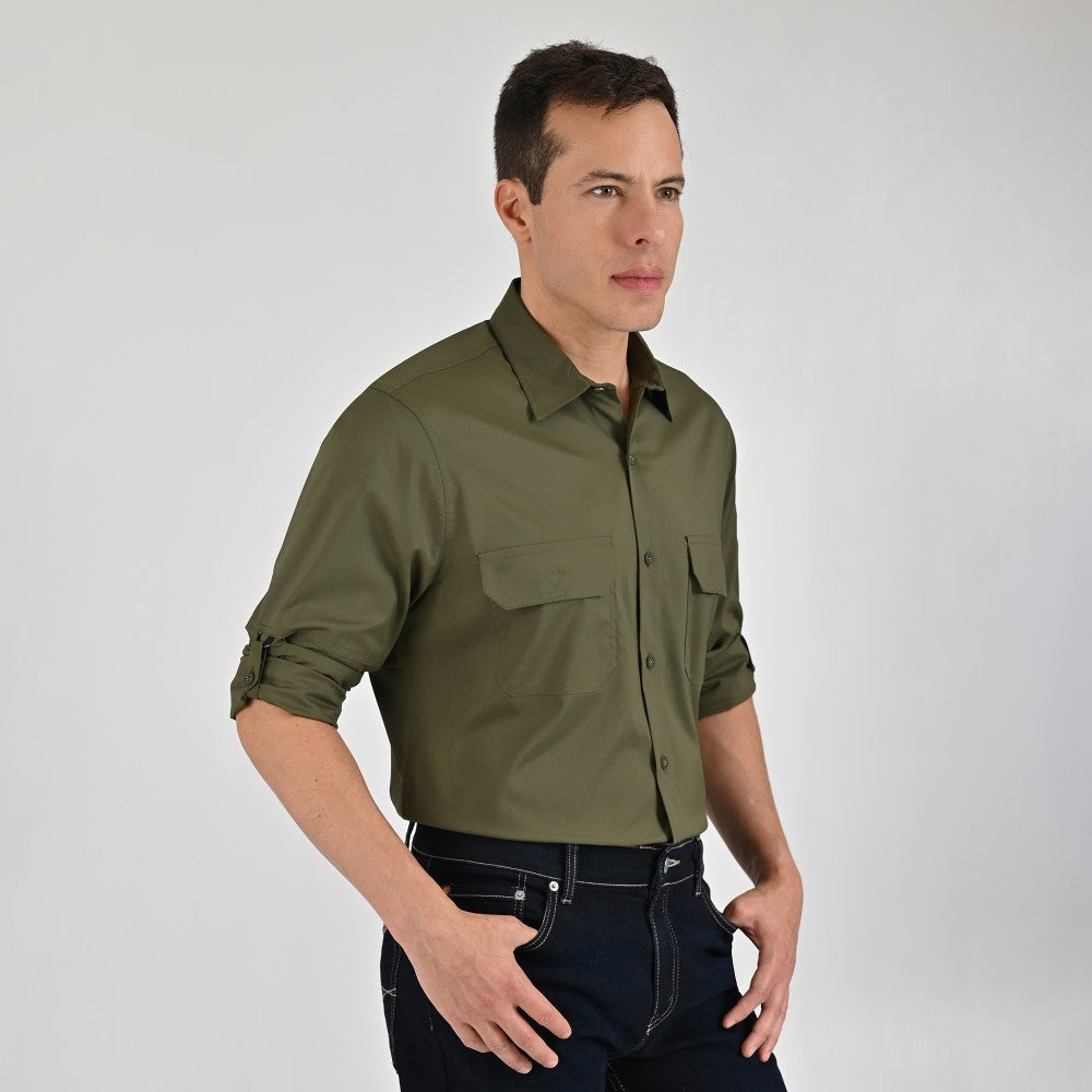 Camisa Pesquera Para Caballero Manga Larga Regular Fit 5536 Verde Militar