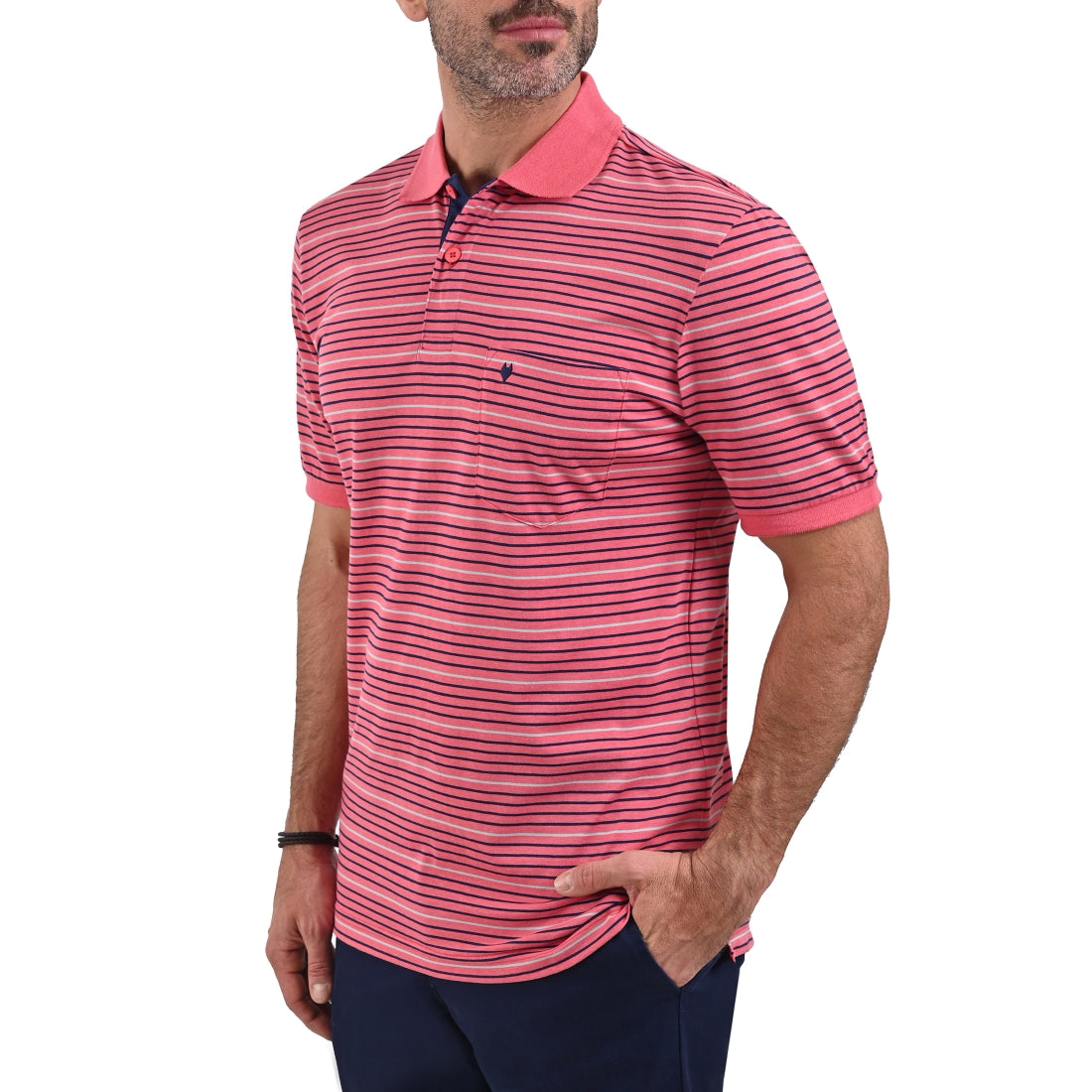Playera Manga Corta Tipo Polo Rayas Regular Fit Rosa 7252