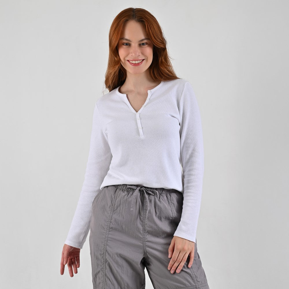 Playera Para Dama Supply Company Manga Larga Cuello Henley Slim Fit B909 Blanco