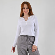 Playera Para Dama Supply Company Manga Larga Cuello Henley Slim Fit B909 Blanco