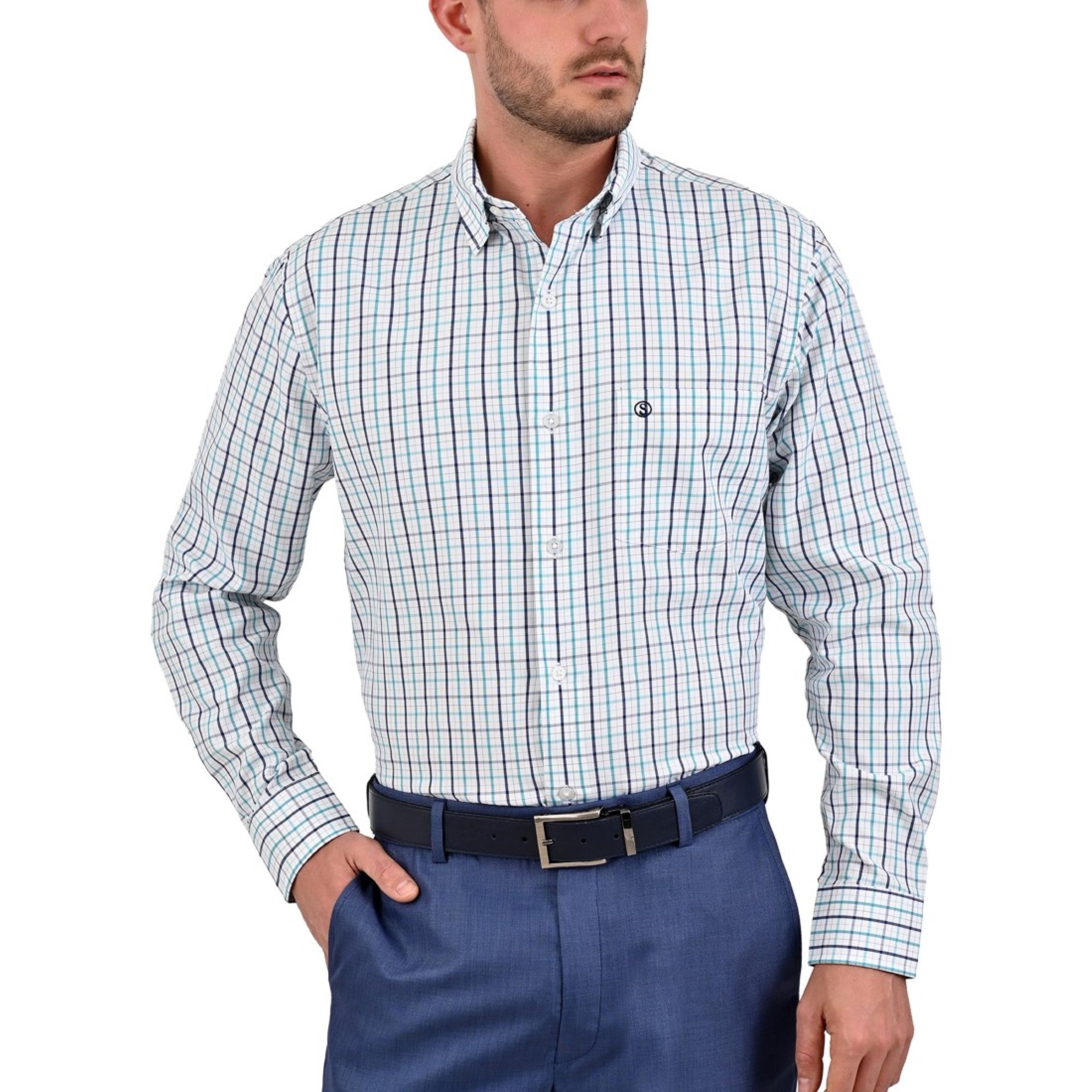 Camisa Sansabelt Regular Fit Manga Larga Boton Oculto 3806 Verde