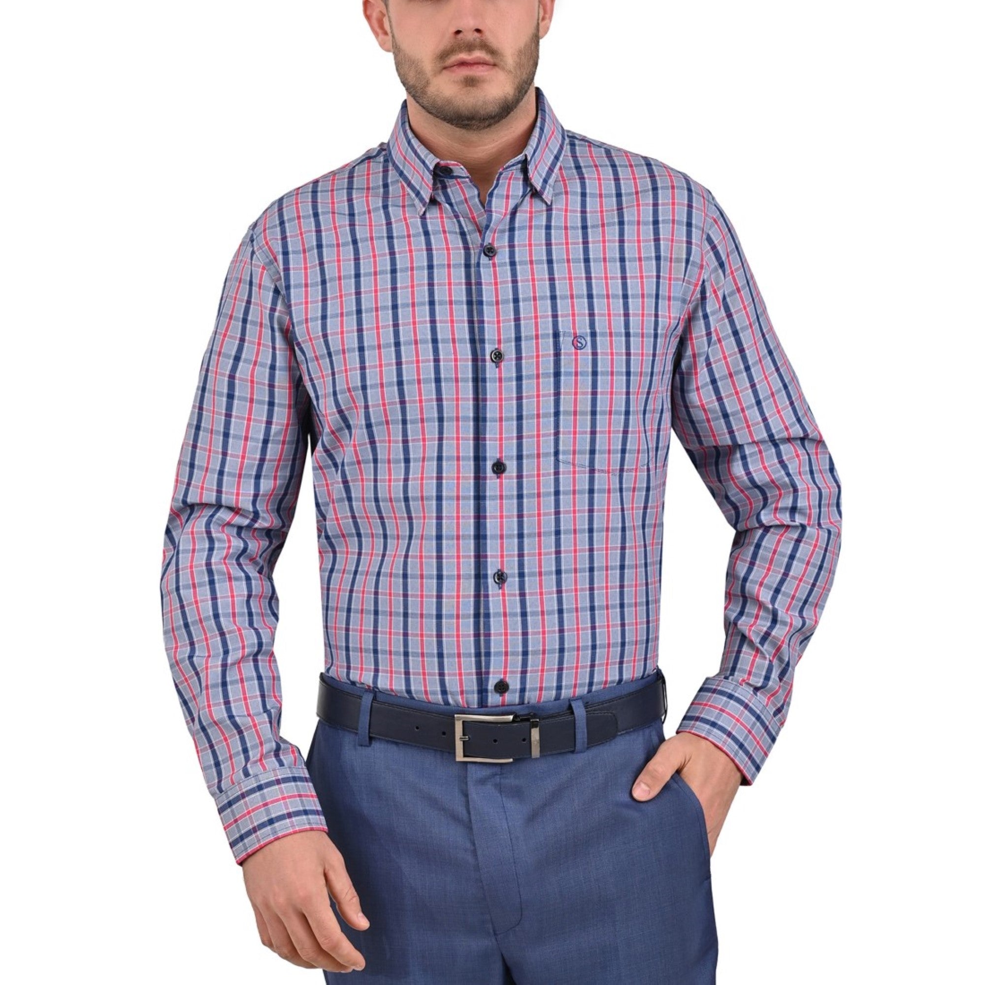 Camisa Sansabelt Regular Fit Manga Larga Boton Oculto 3812 Marino