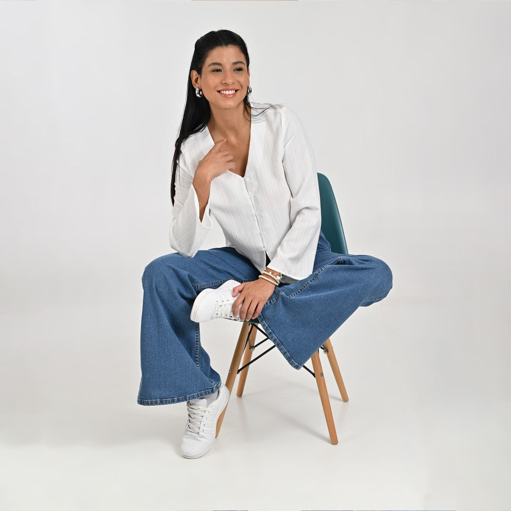 Blusa Para Dama Supply Woman Manga Larga Escote V 3721 Blanco