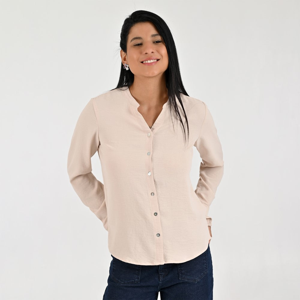 Blusa Para Dama Supply Woman Manga Larga Escote V 5706 Beige