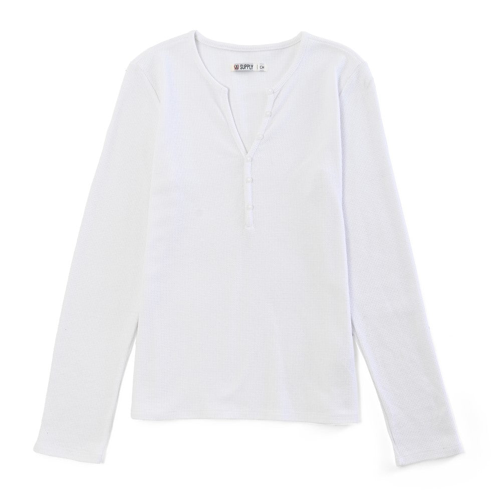 Playera Para Dama Supply Company Manga Larga Cuello Henley Slim Fit B909 Blanco
