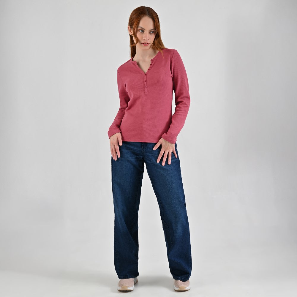 Playera Para Dama Supply Company Manga Larga Cuello Henley Slim Fit B909 Rosa