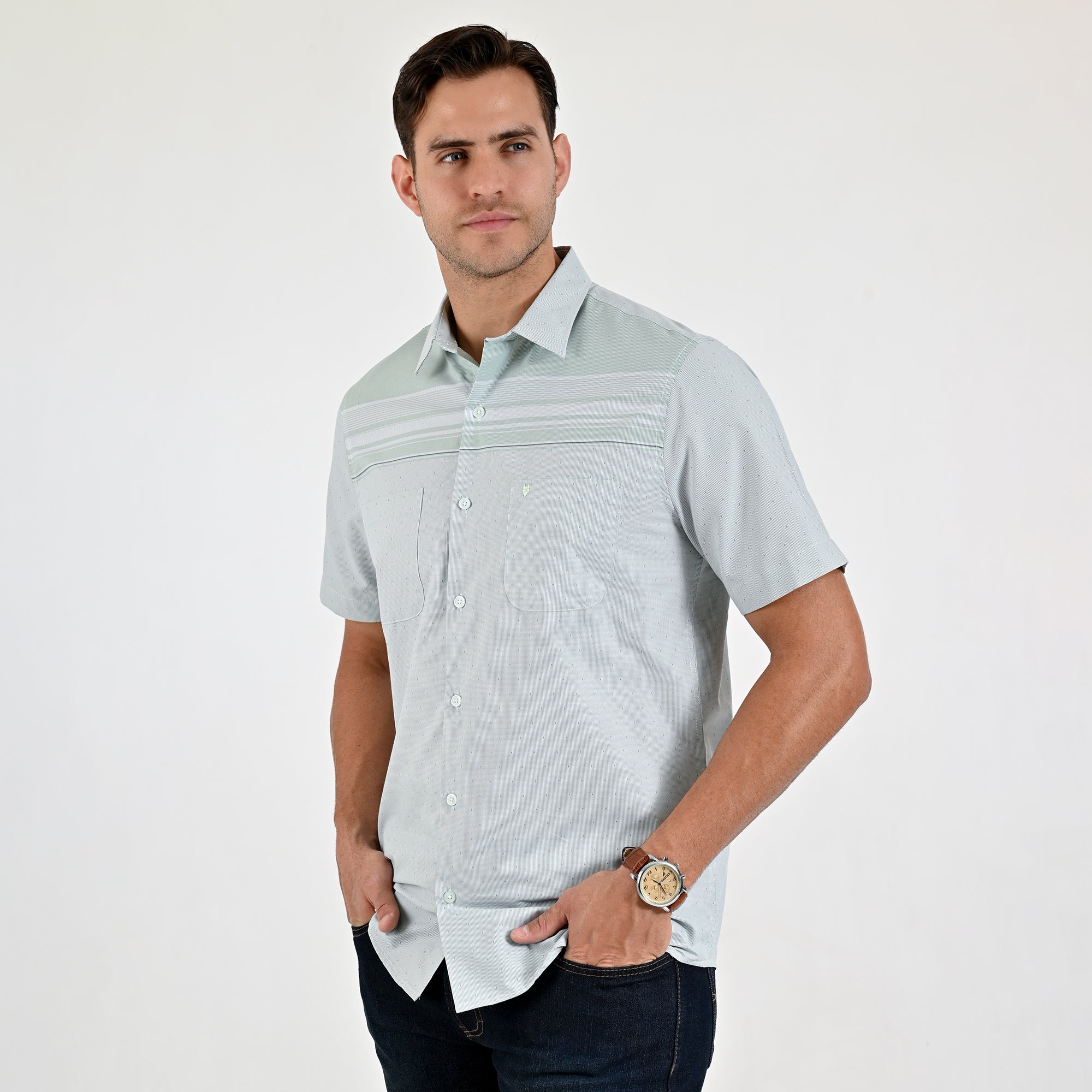 Camisa Yale Para Caballero Cenefa Manga Corta Classic Fit 4714 Verde Agua