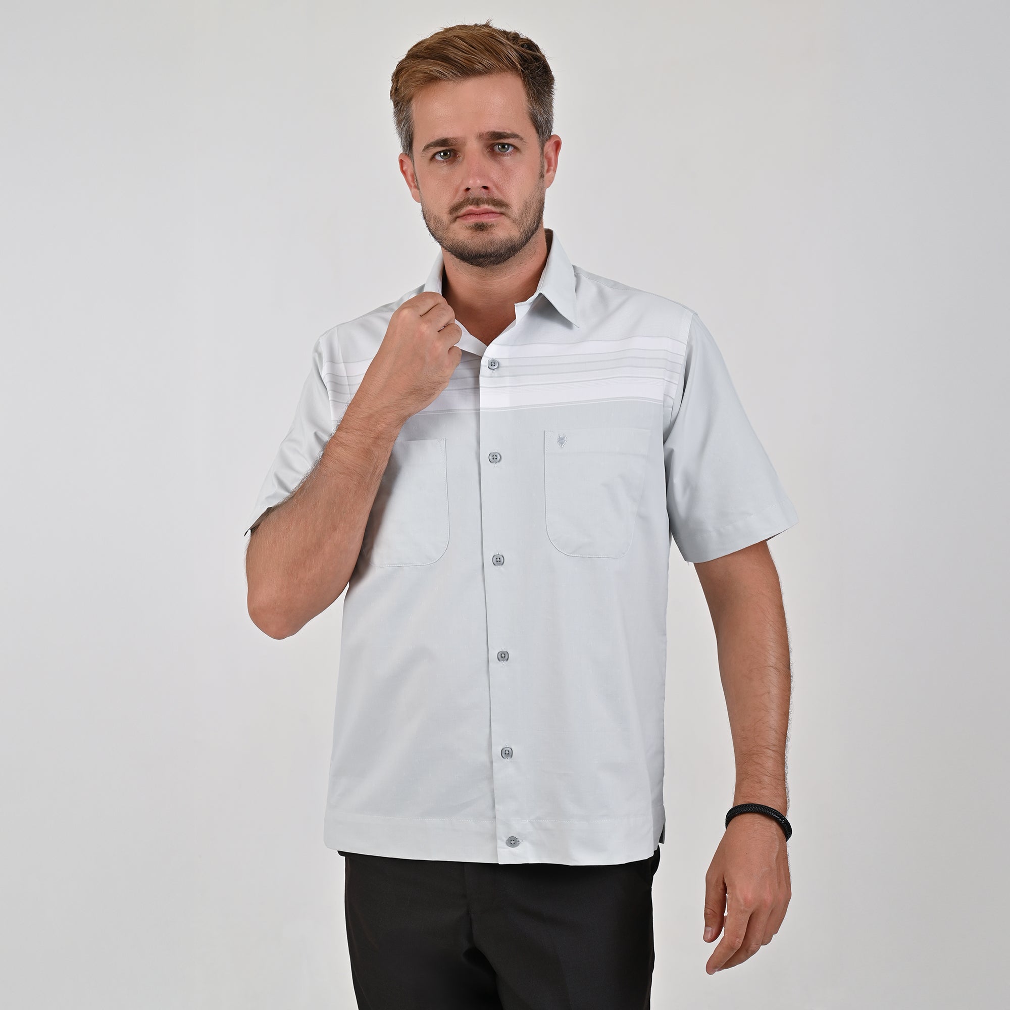 Camisa Yale Para Caballero Chazarilla Manga Corta Classis Fit 4709 Gris Perla