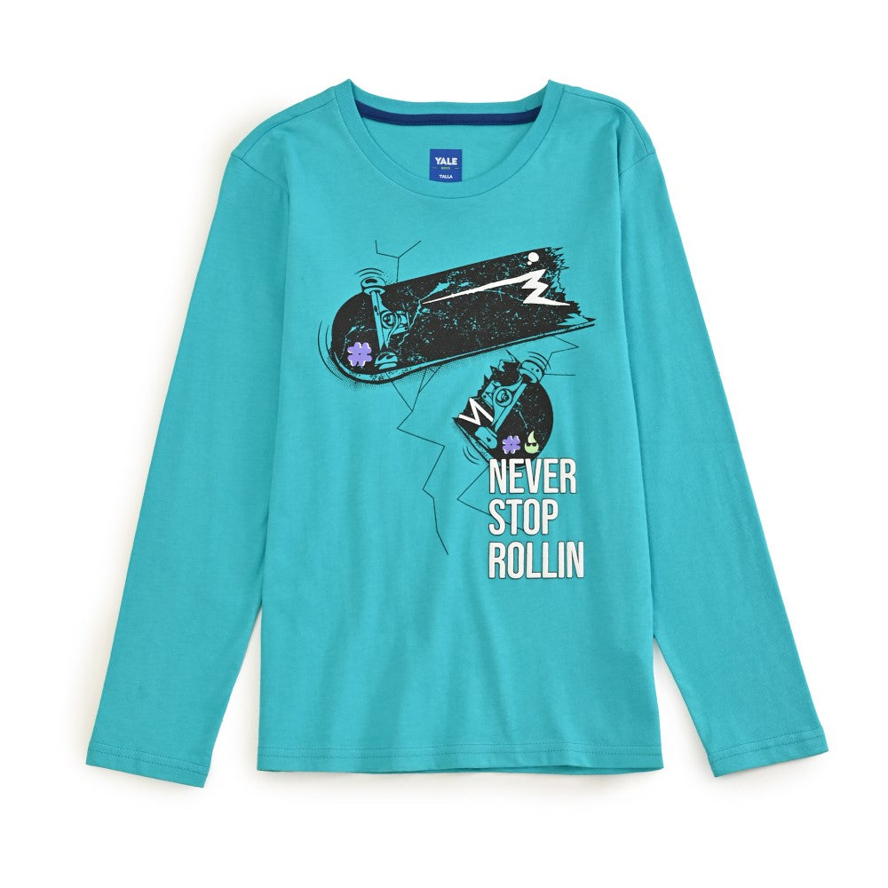 Playera Yale Boys Cuello Redondo Manga Larga Fit 6961 Verde Agua