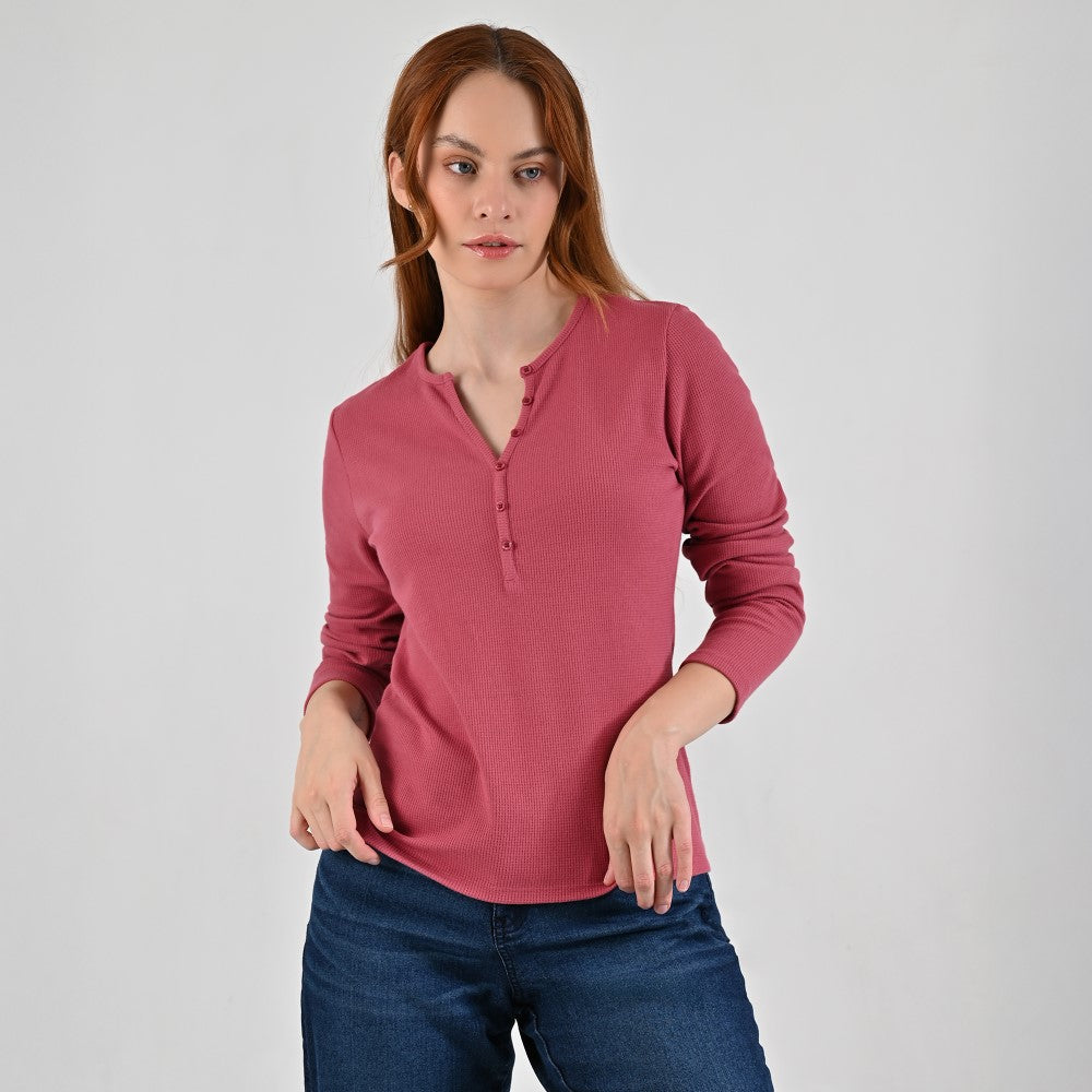 Playera Para Dama Supply Company Manga Larga Cuello Henley Slim Fit B909 Rosa