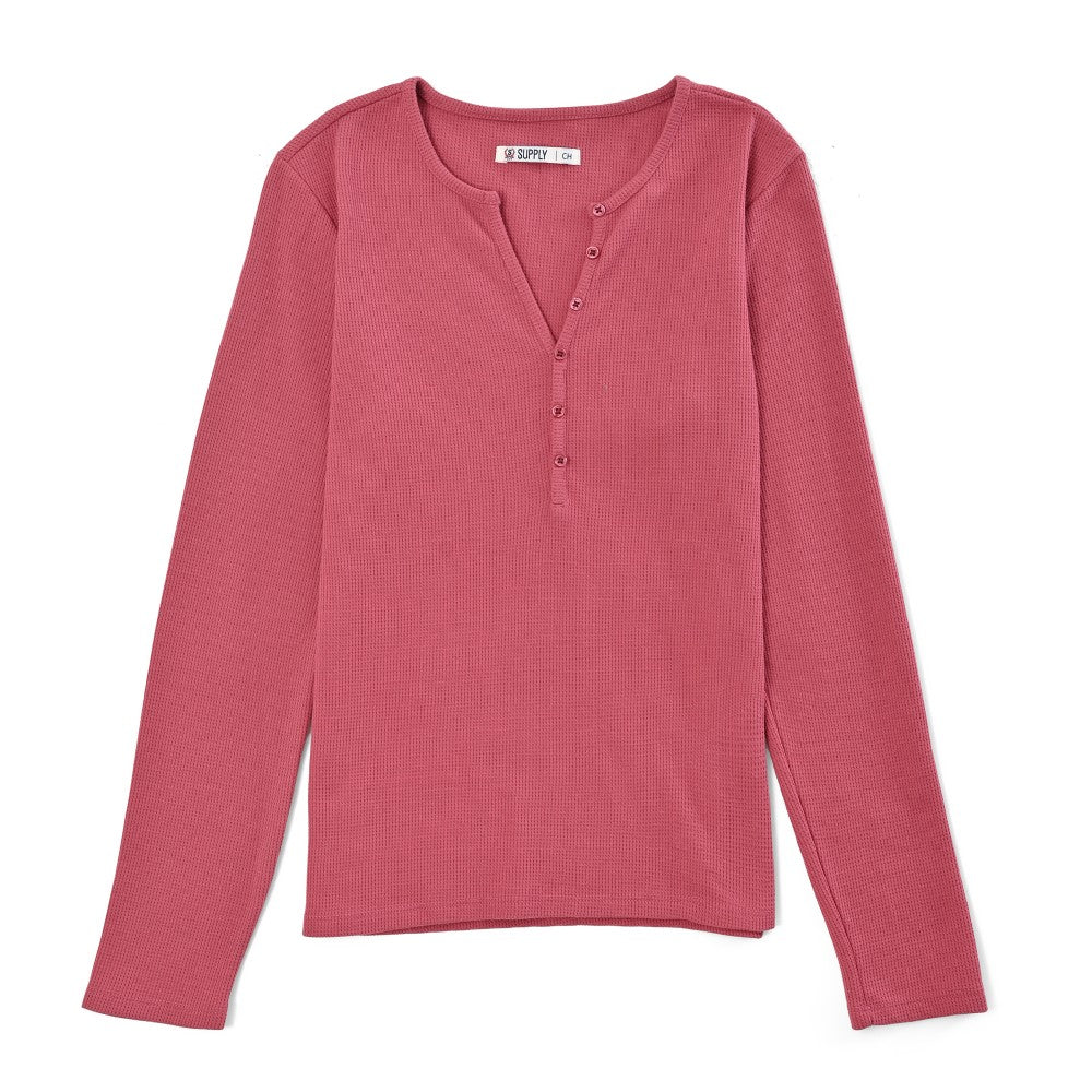 Playera Para Dama Supply Company Manga Larga Cuello Henley Slim Fit B909 Rosa