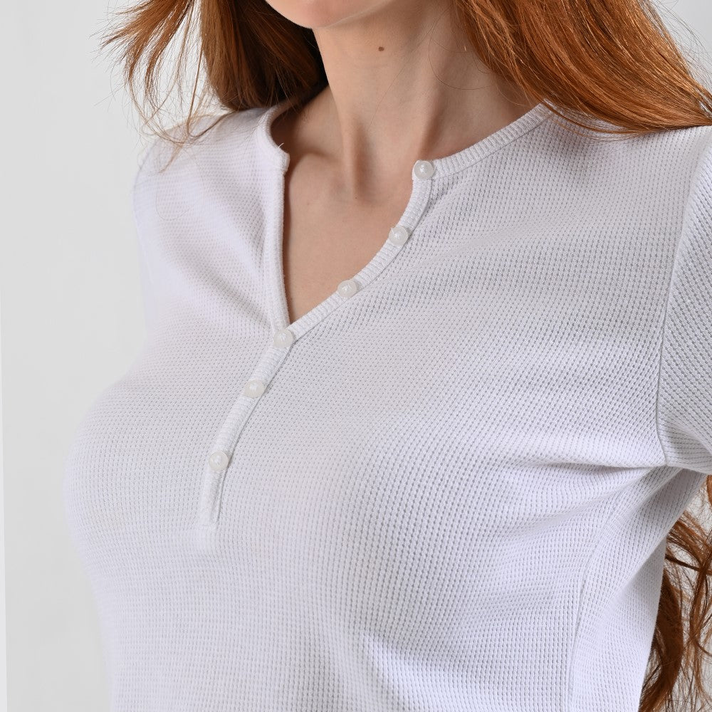 Playera Para Dama Supply Company Manga Larga Cuello Henley Slim Fit B909 Blanco