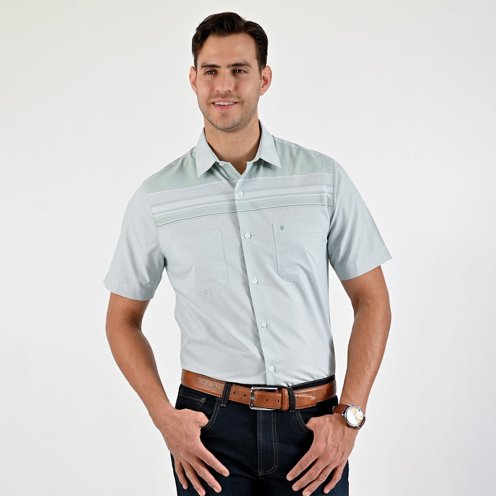 Camisa Yale Para Caballero Cenefa Manga Corta Classic Fit 4714 Verde Agua