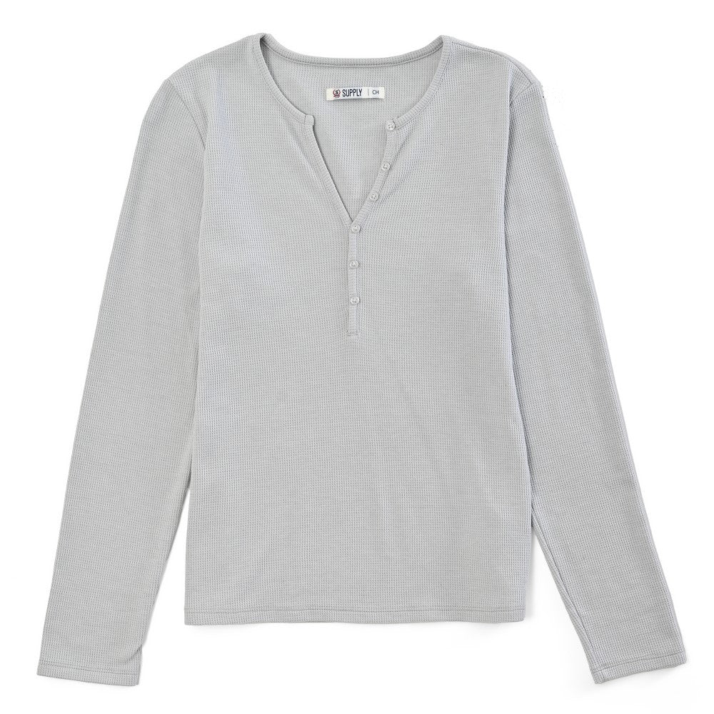 Playera Para Dama Supply Company Manga Larga Cuello Henley Slim Fit B909 Gris Perla