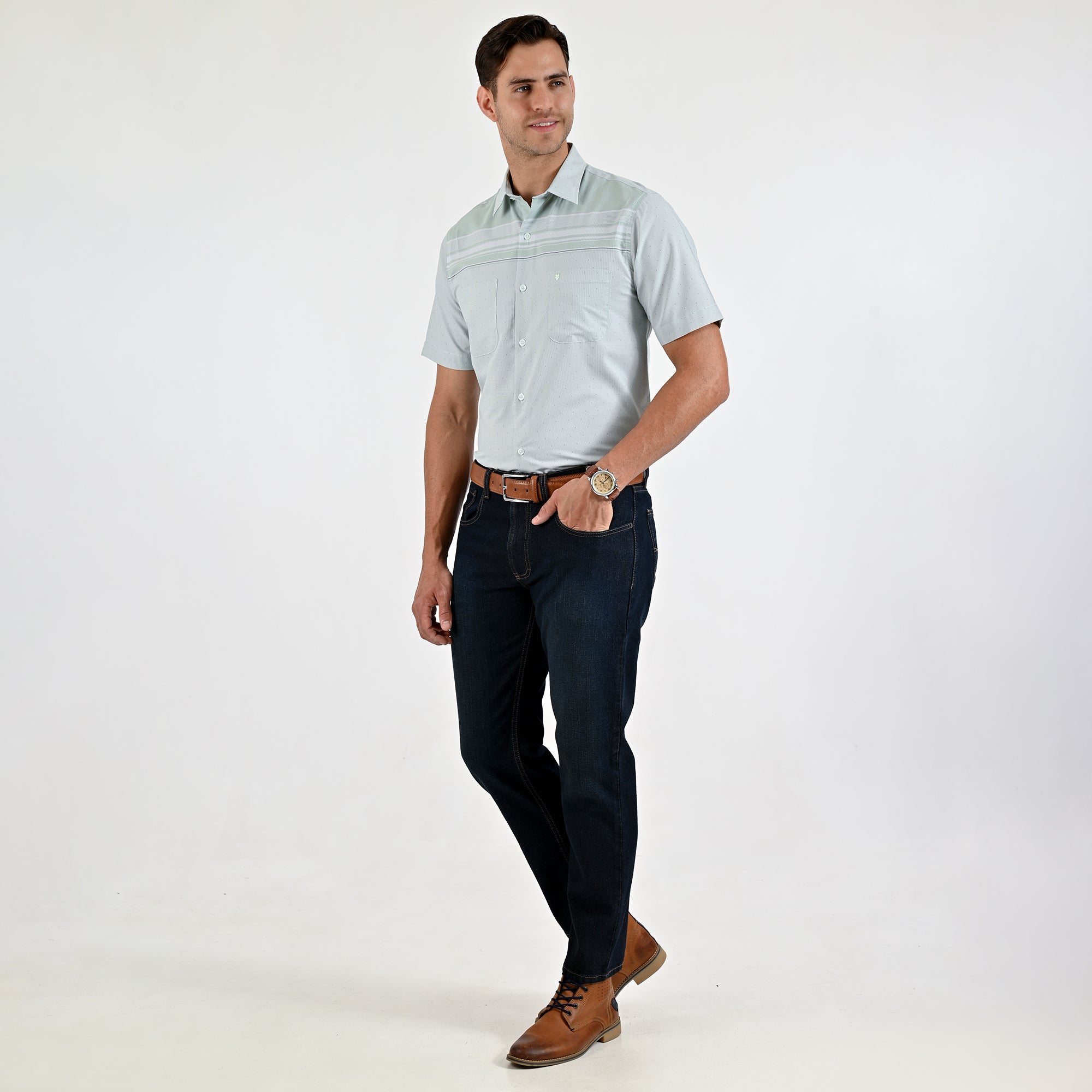 Camisa Yale Para Caballero Cenefa Manga Corta Classic Fit 4714 Verde Agua